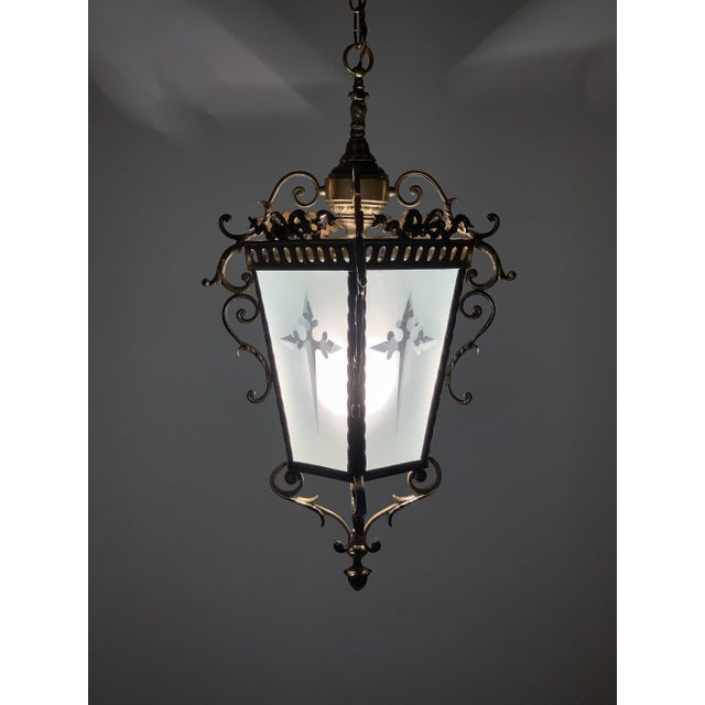 1950s Brass & Etched Glass Cross Lantern For Sale - Image 9 of 11