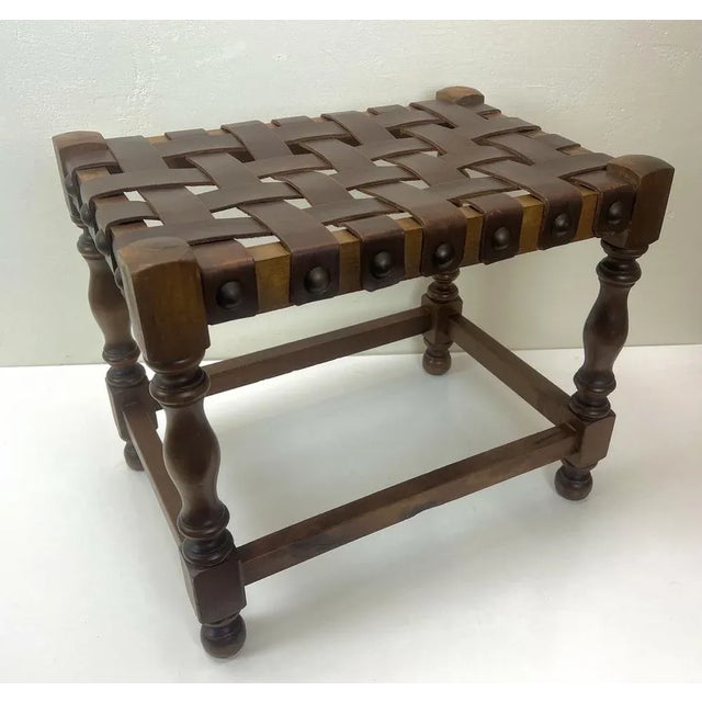 Brutalist Gothic Revival Style Footstool with Leather Strap, Spain, 1970s For Sale - Image 4 of 11