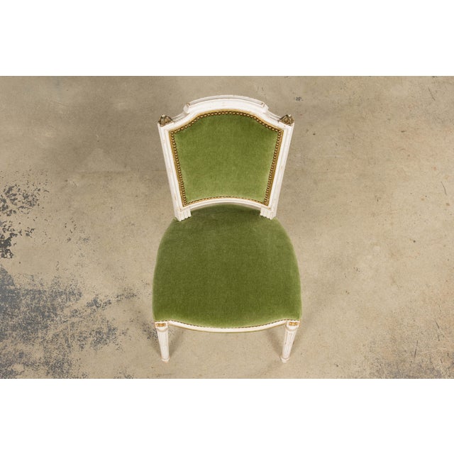 Antique French Louis XVI Style Painted Accent Chair in Moss Green Mohair For Sale - Image 4 of 18