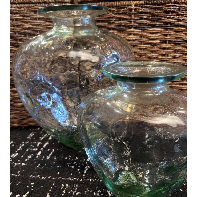 Pottery Barn Vintage Statement Hand-Blown Recycled Glass Dimpled Vessels Spain - Pair (14.25" / 11.5") For Sale - Image 4 of 18