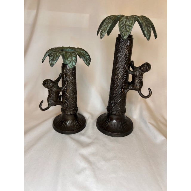 Metal Vintage Bronze Palm Tree Candlesticks With Monkeys For Sale - Image 7 of 9