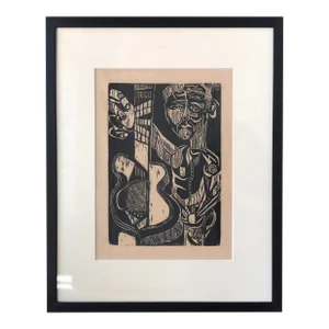 1990s Cubist Man Playing the Guitar Woodcut