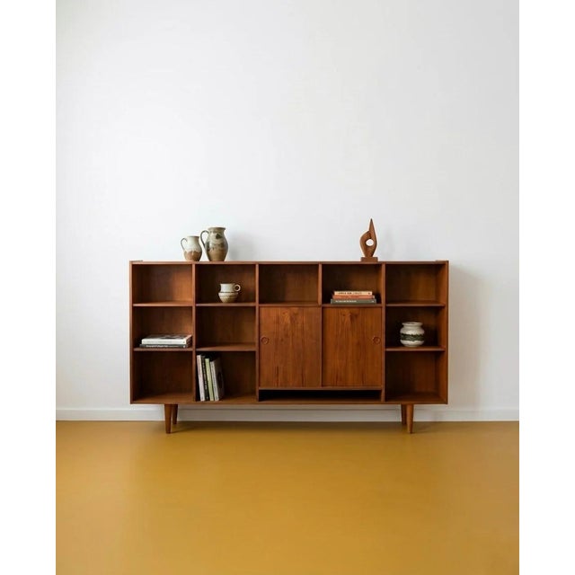 Wood Danish Teak Bookcase with Open Compartments and Sliding Doors, 1950s For Sale - Image 7 of 7