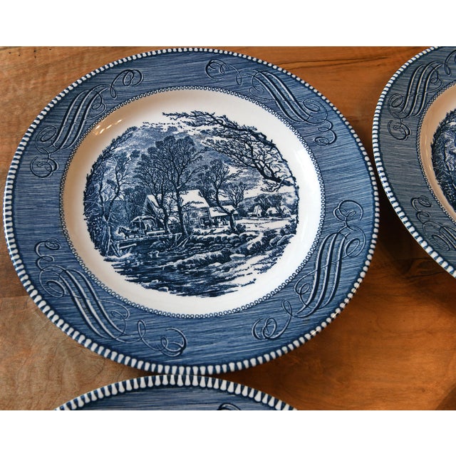 Victorian Set of 4 Vintage Currier & Ives "The Old Grist Mill" Dinner Plates by Royal China Co. Usa For Sale - Image 3 of 4