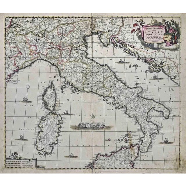 This double-page etching with contemporary coloring, entitled Novissima et Accuratissima totius Italiae, Corsicae et...