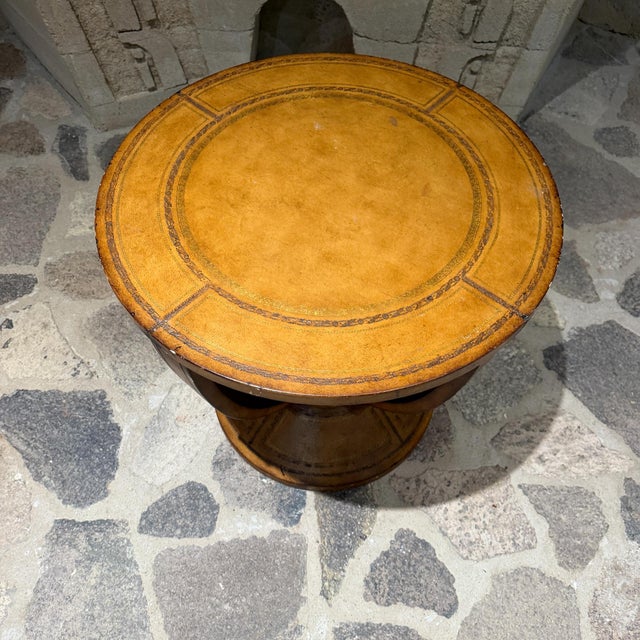 Maitland - Smith Round Leather Embossed Side Table Attributed Maitland Smith Art Deco Neoclassical For Sale - Image 4 of 15