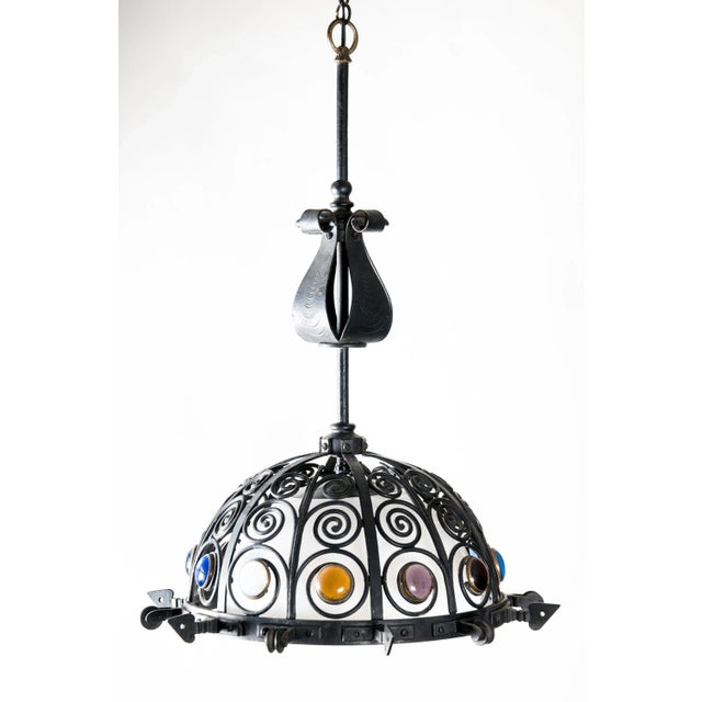 Metal Mid 20th Century Wrought Iron and Colored Glass Jeweled Chandelier For Sale - Image 7 of 7