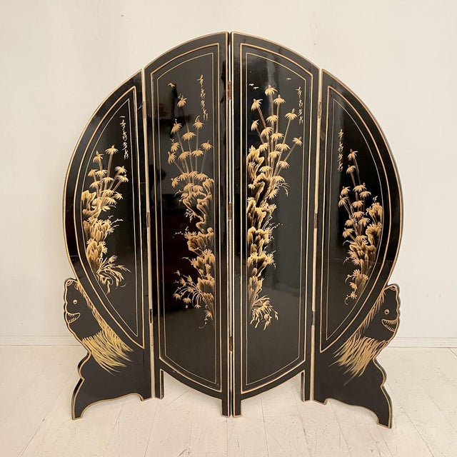 Chinoiserie and Black Lacquer Four-Panel Folding Screen Room Divider, 1930s For Sale - Image 3 of 18