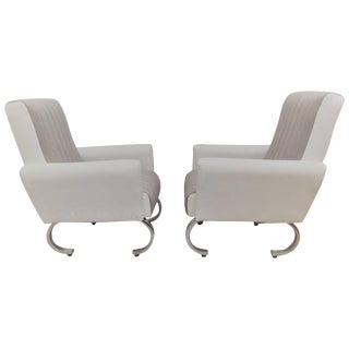 Mid-Century Exclusive Sleek Italian Armchairs With Curved Metal Base - a Pair For Sale