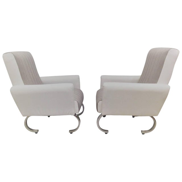 Mid-Century Exclusive Sleek Italian Armchairs With Curved Metal Base - a Pair For Sale