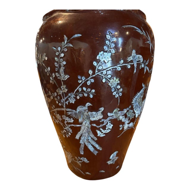 20th Century Asian Laquer and Mother of Pearl Inlay Vase For Sale - Image 4 of 9