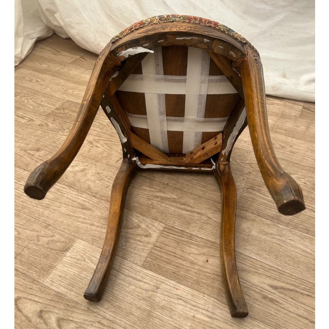 Vintage Accent Chair, Carved Back, Solid Walnut, Flower Embroidery Seat and Back For Sale - Image 11 of 11