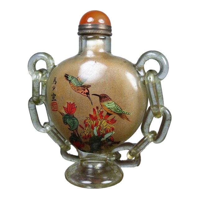 Hand-Painted Glass Snuff Bottle With Chain and Bird Motif For Sale