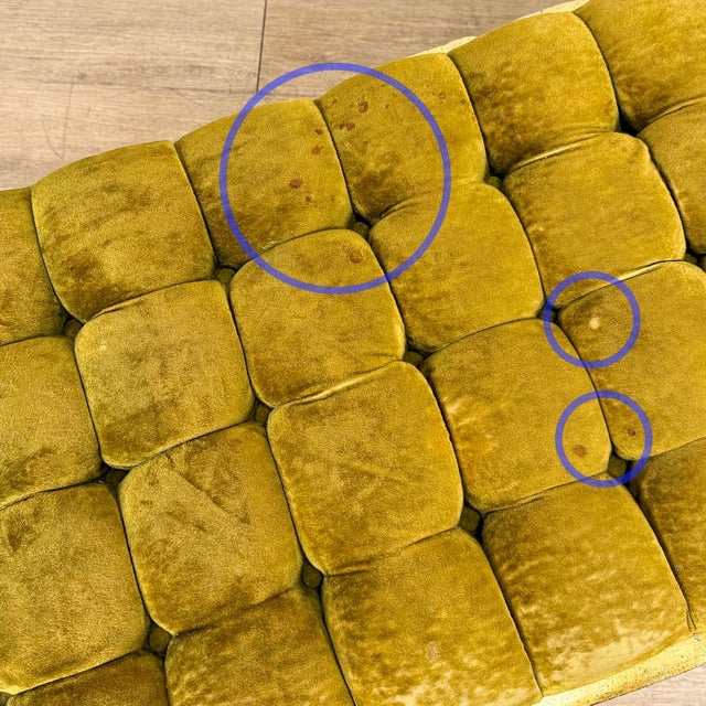 Vintage French Regency Double X Gilded Green Velvet Tuft Window Bench For Sale - Image 10 of 15