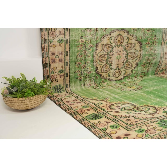 1970s Vintage Turkish Handmade Wool Cotton Green Area Rug For Sale - Image 11 of 14
