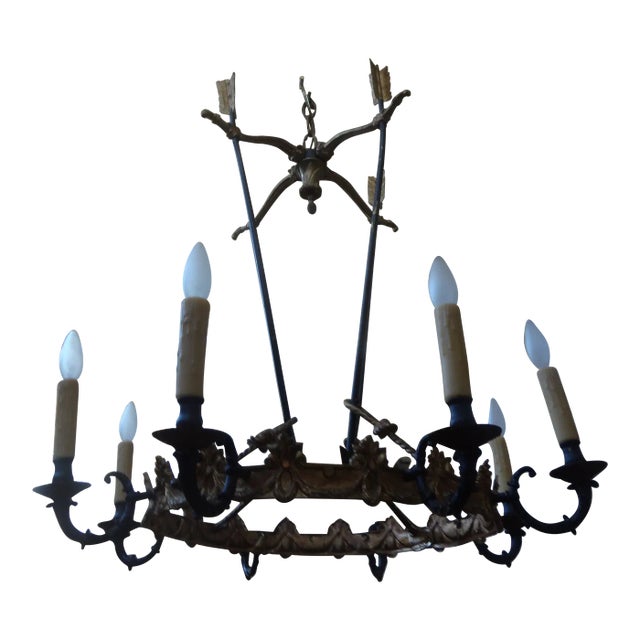 1920s French Empire Style Bronze Chandelier With Arrows For Sale