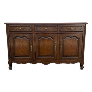 Mid 20th Century Kindel French Provincial Buffet Sideboard With Brass Hardware and Carved Details For Sale