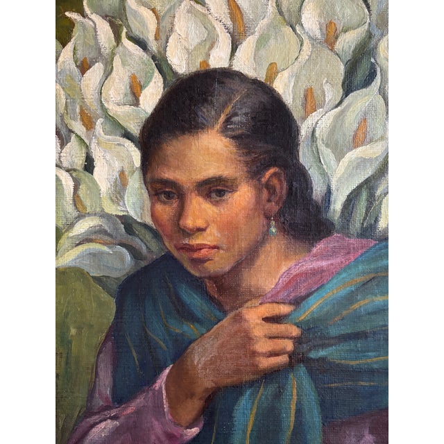 Portrait of Young Woman with Calle Lilies. Oil on Burlap Mexican Artist, Jose Anastacio Monroy (1909 – 2001) Original...