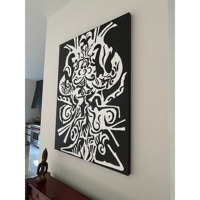 Large striking original painting on canvas titled “Rorschach” featuring a powerful graphic black and white abstract form...