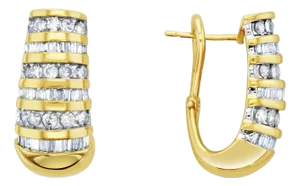 2 Carat Round & Baguette Diamond Earrings 14k Yellow Gold, 2 Pieces