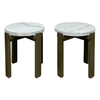Vintage Round End Tables Beige Marble Top Gray Metal Base Pair Modern Accent For Sale