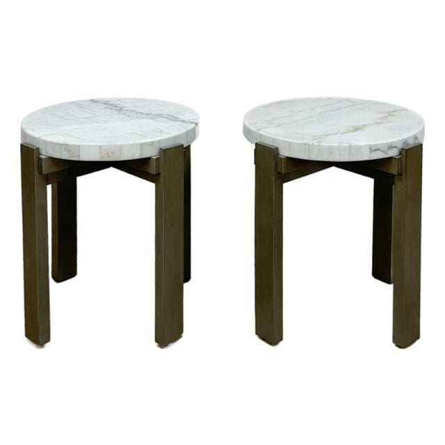 Vintage Round End Tables Beige Marble Top Gray Metal Base Pair Modern Accent For Sale