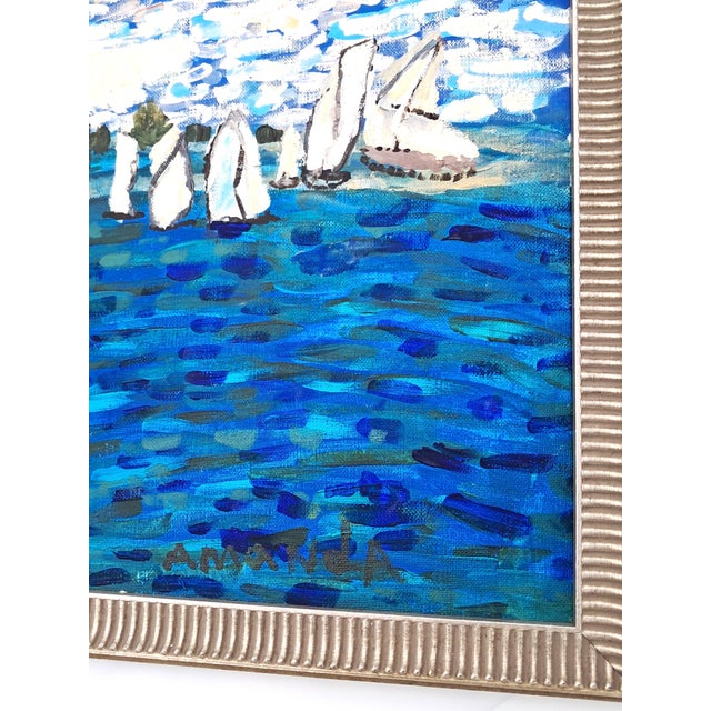 Paint Hand-Painted Acrylic Impasto Seashore Painting With Sailboats and Black Beachgoers For Sale - Image 7 of 11