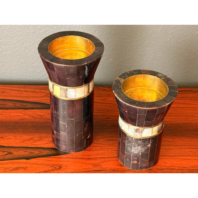 1980s Pair of Tessellated Horn and Brass Candle Holders For Sale - Image 9 of 12