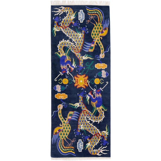 Textile Chinese Vintage Peking Blue Handmade Wool Rug With Mullticolor Dragon Motif For Sale - Image 7 of 7