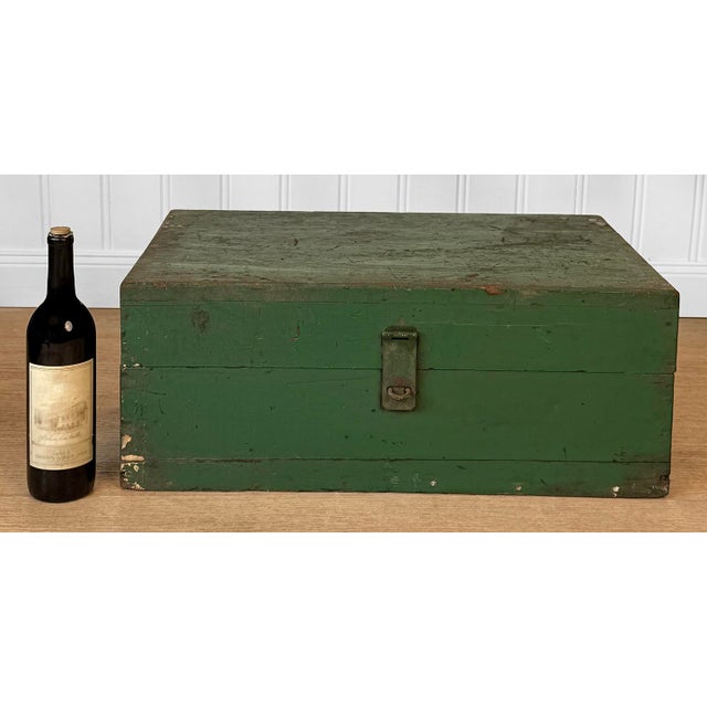 - Early Stanley Wooden Tool Chest - Solid Wood with Aged Painted Green Finish - Double Heavy Metal Side Handles - Latched...