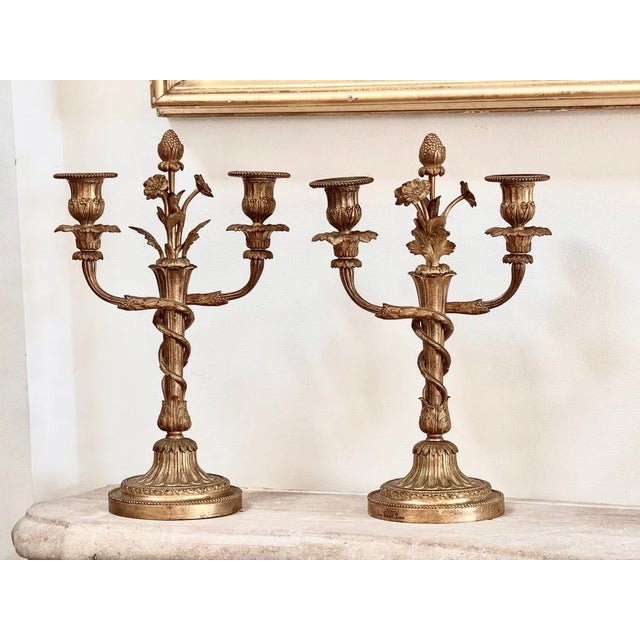 Pair of rare Eugène Bazart Louis XVI Gilt Bronze Two-Light Candelabra , each candelabrum with spiraling fluted stem...