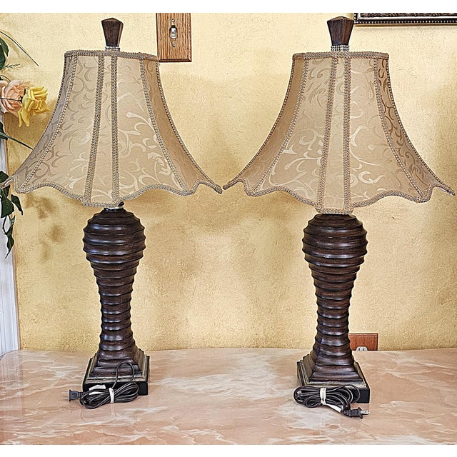 Mid-Century Modern Vintage Uttermost Carved Wood-Finish Urn Table Lamps With Damask Shades – Pair For Sale - Image 3 of 18