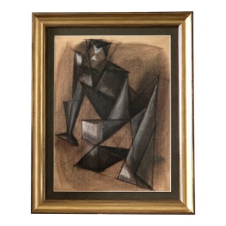 Seated Form in Abstraction, C. 1950s Charcoal Cubist Drawing For Sale