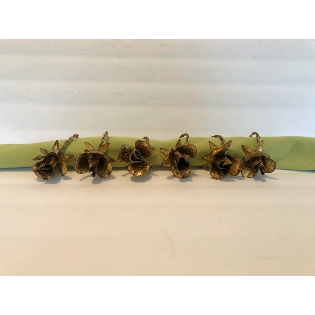 Brass Vintage Italian Tole Rose Napkin Rings - Set of 6 For Sale - Image 8 of 11