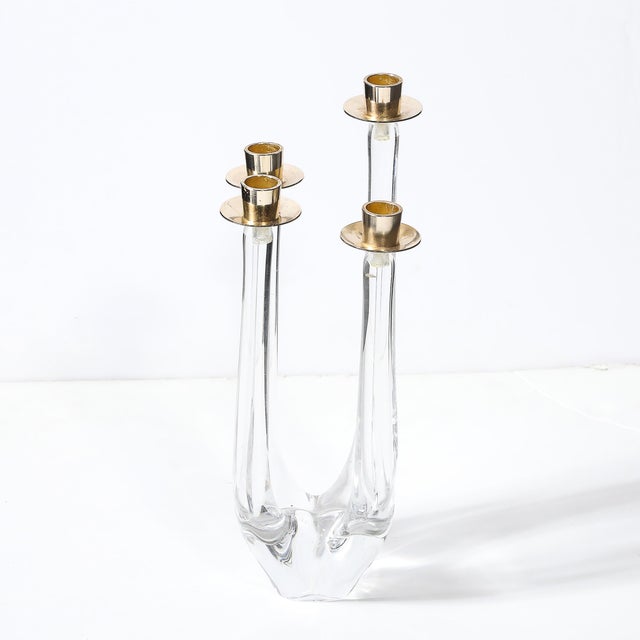 Metal Mid-Century Crystal & Brass Amorphic Four Arm Candelabra Signed Schneider For Sale - Image 7 of 10