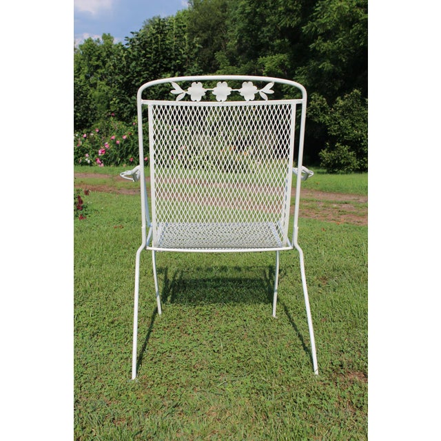 Metal Wrought Iron Patio Set With Dogwood Motifs—Table and Four Armchairs With Covers, 5 Pieces For Sale - Image 7 of 18