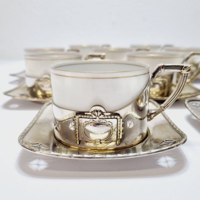 Art Deco Silver-Plated Argentor Tea Set with Karlsbad Porcelain Liners, 1930s, Set of 20 For Sale - Image 11 of 18