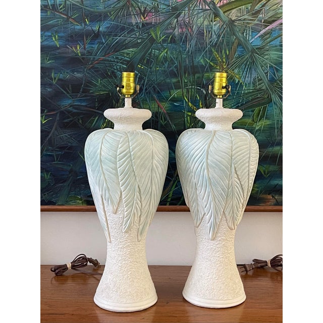 Contemporary Vintage Sculptural Plaster Leaf Relief Table Lamps, Textured White Organic Modern Hollywood Regency 23.5” - A Pair For Sale - Image 3 of 12