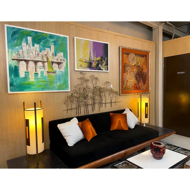 Mid-Century Modern LeMark Mid-Century Modern Aqua Blue White and Green Nautical Harbor Painting For Sale - Image 3 of 10