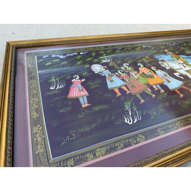 Black Vintage Monumental Indian Painted Textile Procession in Gilt Frame For Sale - Image 8 of 12