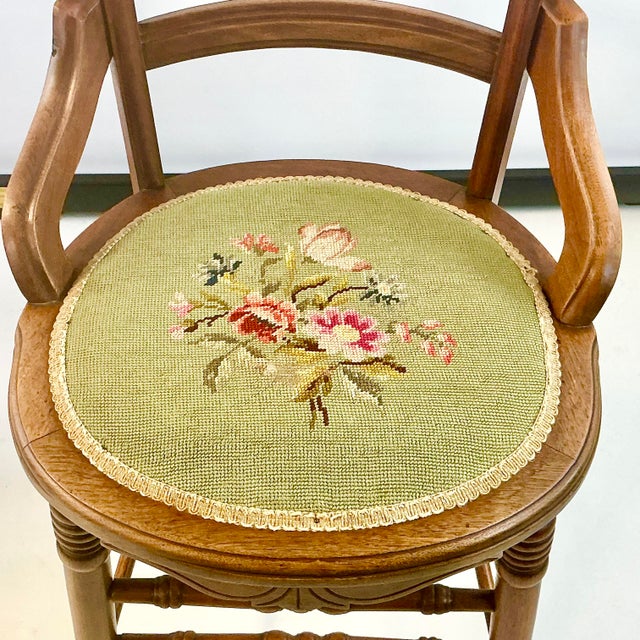 Early 1900s Antique Americana Folk Art Farmhouse Carved Walnut & Needlepoint Side Chair For Sale - Image 9 of 16