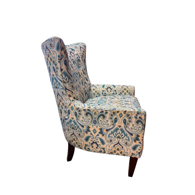 Textile Transitional Ikat-Style Upholstered Wing Armchairs, a Pair For Sale - Image 7 of 8