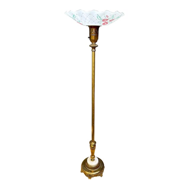 1940s Brass Floor Lamp With Onyx and Flared Torchiere Shade For Sale