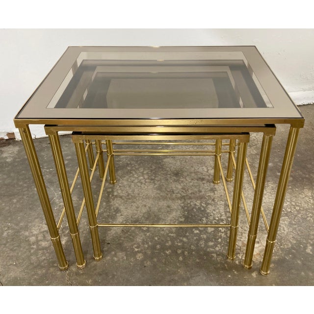 Mirrored Brass and Smoked Glass Nesting Tables, Set of 3 Chairish