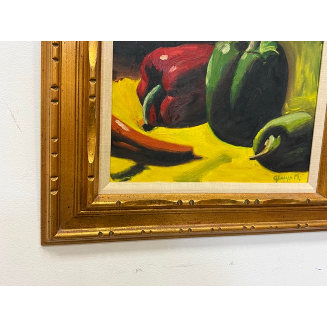 Realism Vintage Still Life With Peppers Oil on Board Signed For Sale - Image 3 of 12