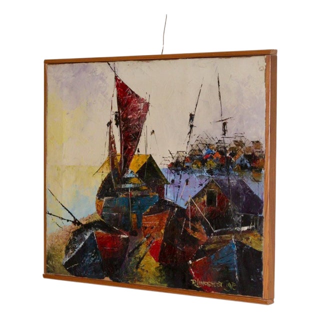R. Lindstedt, Boats and Houses, 1960s, Oil on Canvas, Framed For Sale