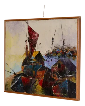 R. Lindstedt, Boats and Houses, 1960s, Oil on Canvas, Framed