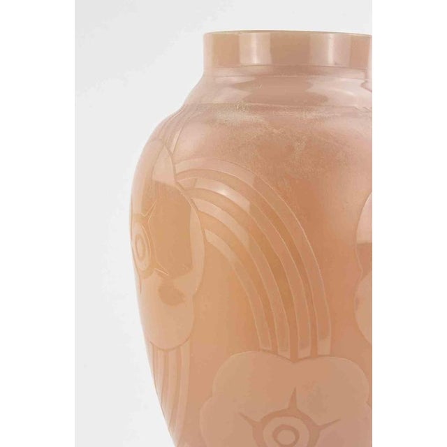 Vintage Art Deco Pink Moulded Glass Vase with Floral Design, France, 1940s For Sale - Image 3 of 5