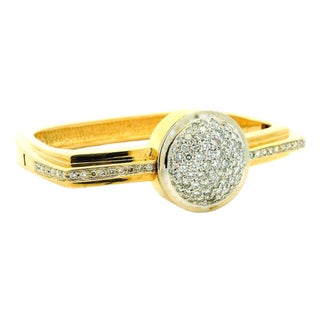 1990s Italian 14k Gold 3.38 Carat Diamond Pavé Dome Bangle Bracelet For Sale