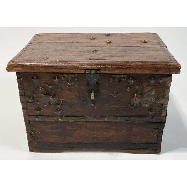 Antique Primitive Wood Strong Box With Metal Accents For Sale - Image 4 of 9